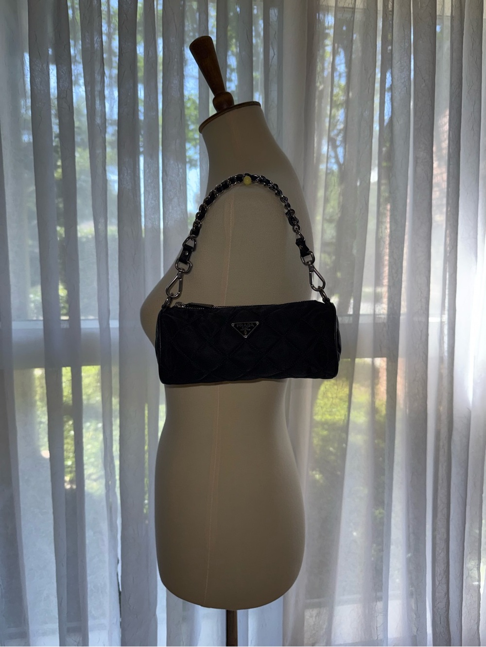 Prada Black Quilted Mini Barrel Bag with Silver Chain - Picture 14 of 16